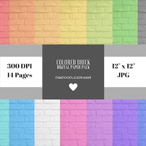 Peut inclure: Un pack de papier numérique avec 14 motifs de briques de différentes couleurs. Chaque motif mesure 30,48 cm sur 30,48 cm et a une résolution de 300 DPI. Les couleurs incluent le rose, le bleu clair, le jaune, le vert et le gris.