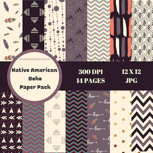 May include: A digital paper pack with 14 pages of Native American inspired patterns. The patterns include feathers, geometric shapes, arrows, and zigzags in a variety of colors, including black, white, red, blue, and gold. The paper pack is 12x12 inches and 300 DPI.