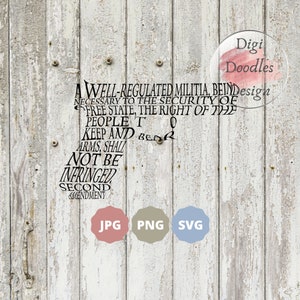 May include: A white wooden background with black text that reads "A well-regulated militia, being necessary to the security of a free state, the right of the people to keep and bear arms, shall not be infringed. Second Amendment". Below the text are three buttons that read "JPG", "PNG", and "SVG".