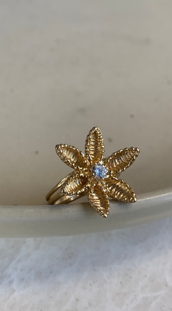 14K Gold Estate Tropical Flower Diamond Ring Art … - image 1