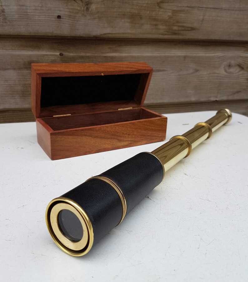 Handmade Shiny Brass Black Leather Telescope With Wooden Box