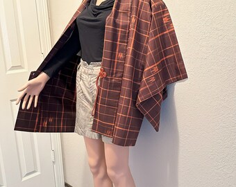 VINTAGE Kimono coat Tsumugi Lattice Brown Pure silk Woven pattern KIMONO