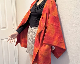 VINTAGE Kimono coat vermilion orange pure silk lozenge pattern KIMONO