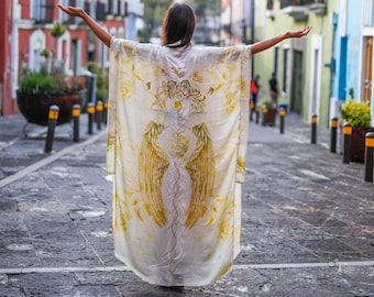 Gold Kimono Robe, Wizard Robe, Silk Robe, White Silk Kimono Robe, Evening Gown, Festival Outfit, Silk Kimono, Bohemian Dress Maternity Dress