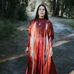 Red Rose Satin Kimono: Ceremonial Goddess Robe