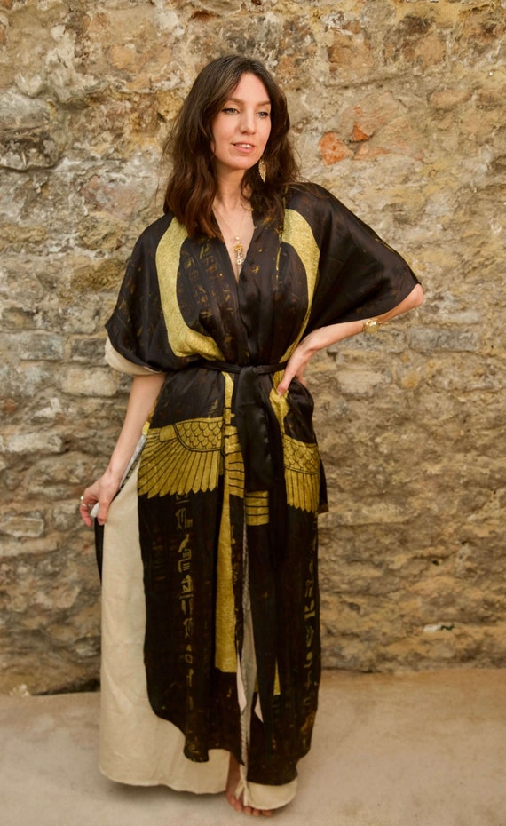 Goddess Maat 100% Satin Silk Robe Black Gold Visionary Art - Etsy Singapore