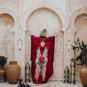 Red Rose Satin Kimono: Ceremonial Goddess Robe