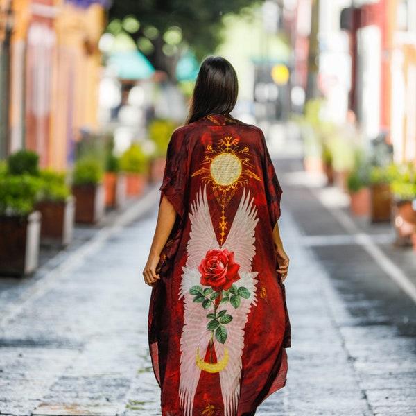 Red Rose 100% Satin Silk Ceremonial Kimono, Red Silk Kimono, High Priestess Robe, Luxury Ritual Robe, Celestial kimono, Caftan Dress