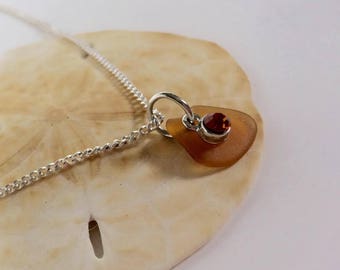 Genuine Sea Glass Necklace, Orange Seaglass with Choice of Crystal Color, Dainty Charm Necklace, Genuine Orange Beach Glass Jewelry