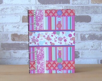 Notebook A5 with pink red paper with stripes and button pattern // Diary // Blank book
