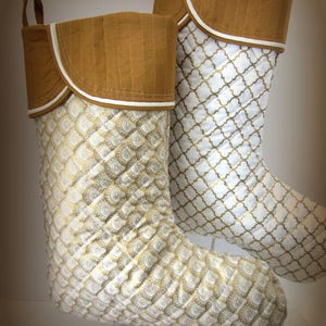 Gold Quilted Christmas Stocking with Dark Cuff, Golden Scallops Holiday Stocking, Mix and Match Coordinating Family Stockings