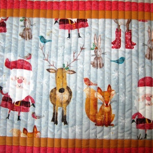 Pair Santa and His Forest Friends Quilted Placemats, Set of Two Children&#39;s Christmas Table Place Mats, Red and Gray Xmas Placemats, Hot Pad