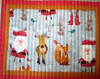Pair Santa and His Forest Friends Quilted Placemats, Set of Two Children's Christmas Table Place Mats, Red and Gray Xmas Placemats, Hot Pad
