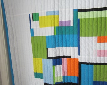 Mid Century Modern Unisex Color Block Blue and White Quilted Baby Blanket; Gender Neutral Abstract Cotton Crib Bedding with Custom Quilting