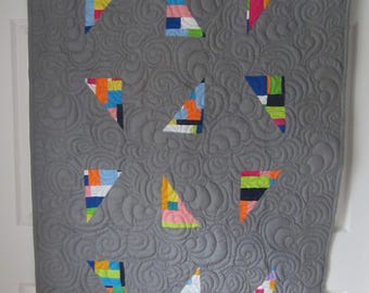 Small Modern Unisex Colorful Floating Triangles in a Sea of Gray Quilted Baby Blanket; Gender Neutral Abstract Cotton Crib Bedding