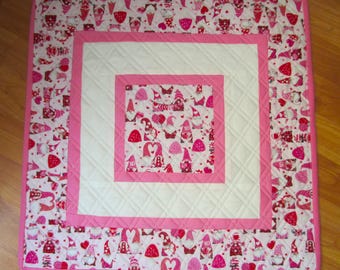 19.25" Quilted Square Valentine Anniversary Pink and Red Gnomes Table Topper with Multiple Borders Double Cross Hatch Diagonal Quilting