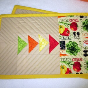 Coordinating Pair of Colorful Quilted Placemats Featuring Various Vegetables and Flying Geese, Casual Table Settings, 10 1/4&quot; x 16 1/2&quot;