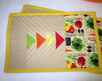Coordinating Pair of Colorful Quilted Placemats Featuring Various Vegetables and Flying Geese, Casual Table Settings, 10 1/4" x 16 1/2"