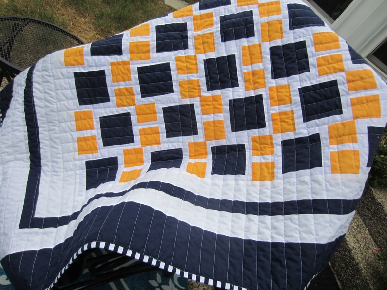 Blue White and Orange Traditional Block Quilt; Team Spirit Quilt; Double Sided Contemporary Lap or Sofa Quilted Throw