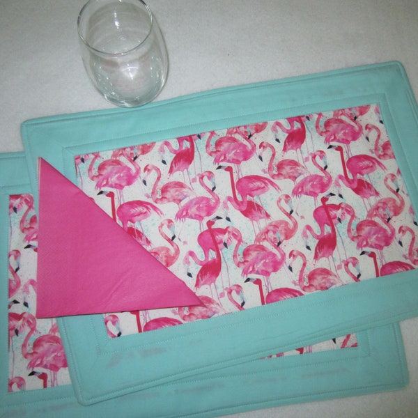 Pair of Pink Flamingoes Quilted Placemats Framed with Wide Band of Aqua Border, Summer Table Decorations, 11 1/2" x 17 1/2"