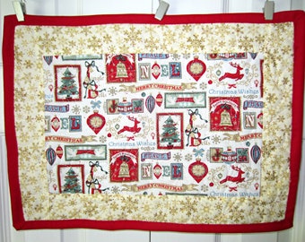 Set of Four Gold and Red Christmas Quilted Placemats; Picture Frames Place Mats; Farmhouse Holiday Quilted Placemats, Hostess Gift