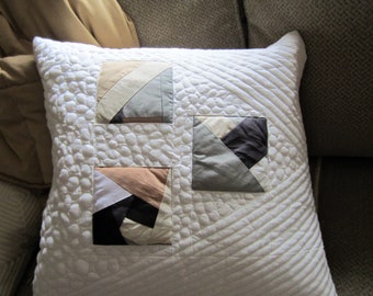 Abstract Winter White Grey Black and Beige Quilted Pillow Cover, Neutral Scrappy Quilted Pillow with Squares and Pebbles