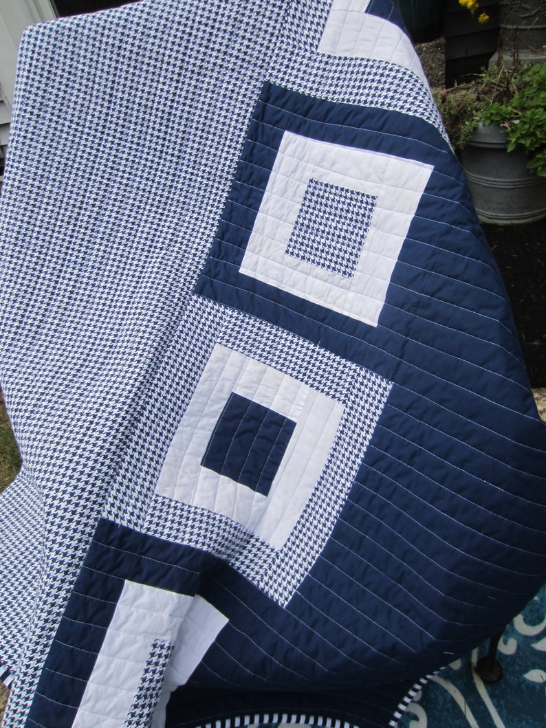 Blue White and Orange Traditional Block Quilt; Team Spirit Quilt; Double Sided Contemporary Lap or Sofa Quilted Throw