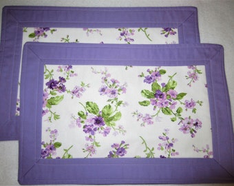 Pair of Lavender Flowers in a White Background Framed in a Lavender Border Quilted Placemats, Summer Table Decorations, 11 1/4" x 17 1/4"