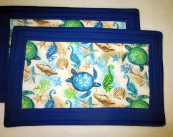 Pair of Turtles, Seahorses and Sea Shells Quilted Placemats, Summer Beach Themed Table Decorations, 11" x 17 1/4"