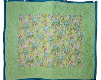 Small Baby Forest Animals Unisex Quilted Baby Blanket; Mint Green, Aqua and Yellow Play Mat; Gender Neutral Crib Bedding