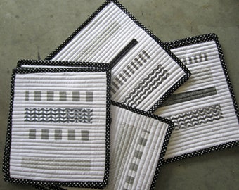 Coordinating Large Gray and White Quilted Mug Rugs, Snack Mats, Coasters, Small Placemats, Candle or Coffee Mat, Hot Pad, Table Protector