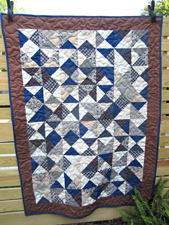 Blue And Brown Quilted Throw Neutral Sofa Quilt Masculine Etsy