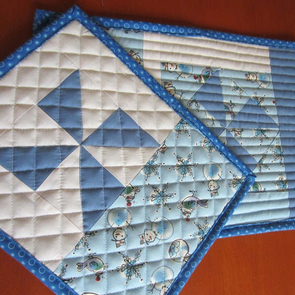 Coordinating Pair Blue Snowmen Quilted Mug Rugs, Set of Snack Mats, Coasters, Mini Placemats, Candle or Coffee Mat, Hot Pad, Table Protector