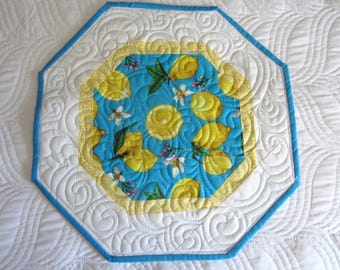 15.5" Turquoise Blue, Lemon Yellow and White Octagonal Quilted Table Topper, Summer Fruit Themed Table Pad with Custom Quilting