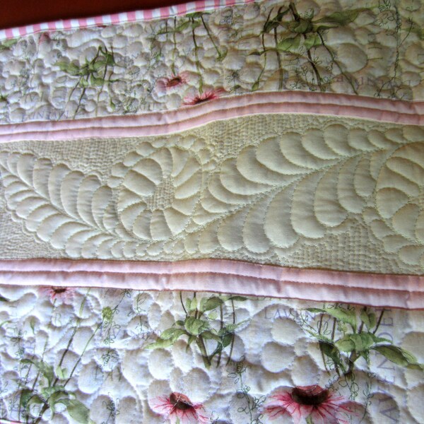 Elegant Spring Quilted Table Runner, Custom Feather Quilted Table Topper in Pinks and Creams, Very Long Formal Table Pad, Handmade Runner