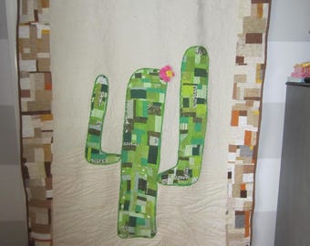 Giant Crumb Pieced Green Saguaro Cactus with Pink Flower on Beige Background Custom Quilted Bed Coverlet, Sofa Throw; 53" x 77"