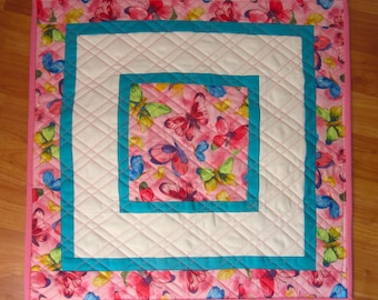 18.75" Quilted Square Multi-Colored Butterflies on Pink Background with Multiple Borders Double Cross Hatch Quilting Summer Table Topper