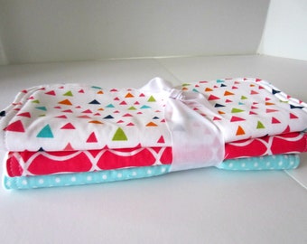 3 Pack Baby Burp Cloths, Set of Three Baby Girl Spit up Rags, Absorbant Cotton in Pinks and Aqua Newborn Burp Cloths