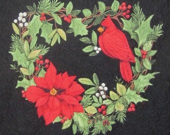 Red Cardinal in a Heart Shaped Holly Wreath Quilted Winter Throw; Striking Combination of Embroidery and Custom Quilted Sofa Holiday Blanket