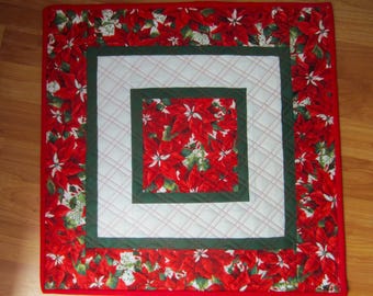 19" Quilted Square Red Christmas Holiday Poinsettias with Green Leaves with Multiple Borders and Double Cross Hatch Quilting Table Topper