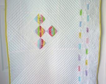 Modern Custom Quilted White Artistic Baby Quilt with Colorful Squares on Point, Baby Play Mat, Gender Neutral White Crib Bedding