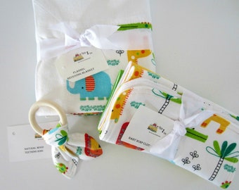 5 Piece Baby Shower Gift Set; Flannel Receiving Blanket, 3 Burp Cloths & Teething Ring; Double Thick Gender Neutral Flannel Blanket Gift Set