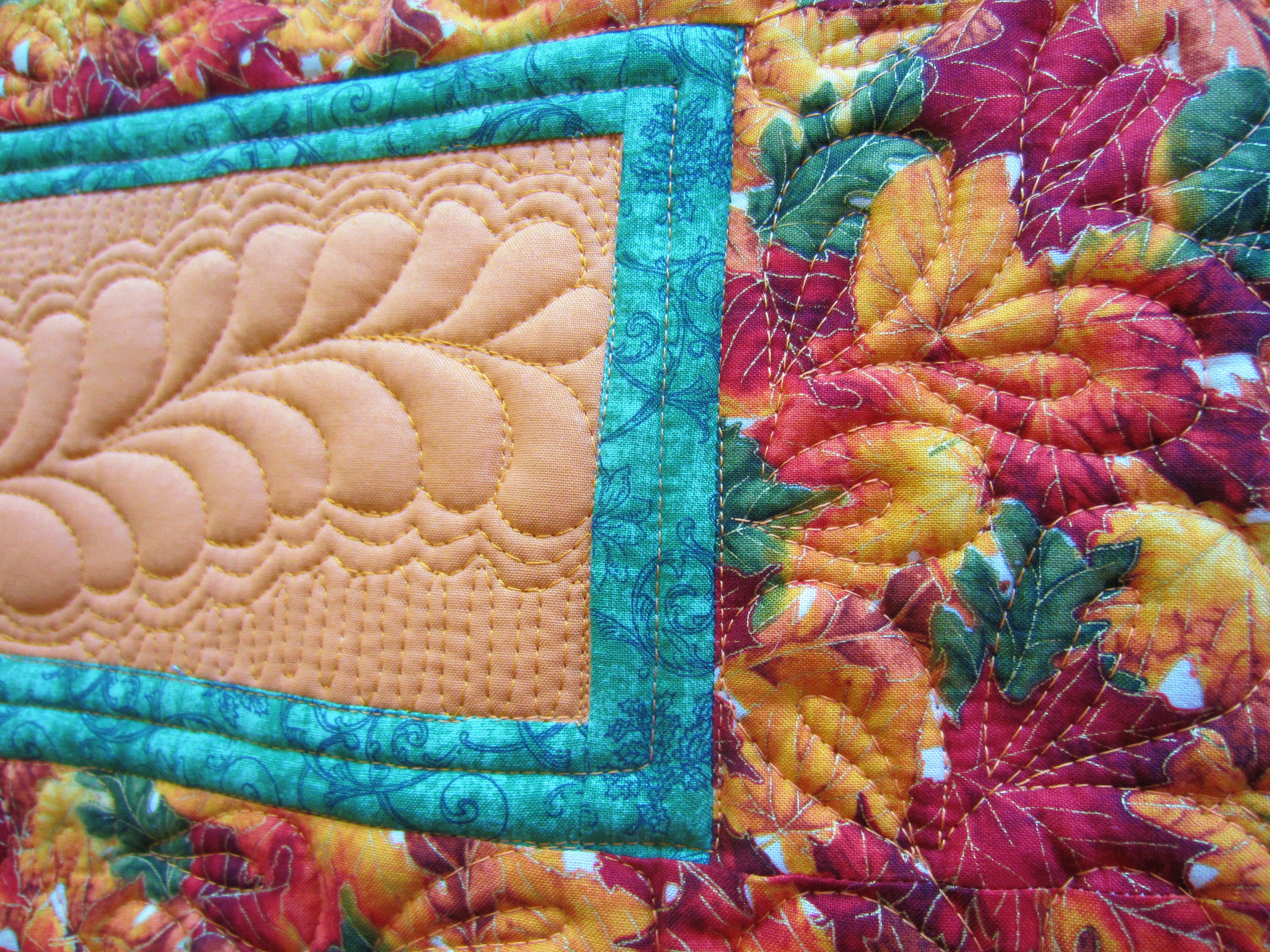 Vibrant Fall Leaves Quilted Table Runner Custom Quilted Feathers Table ...