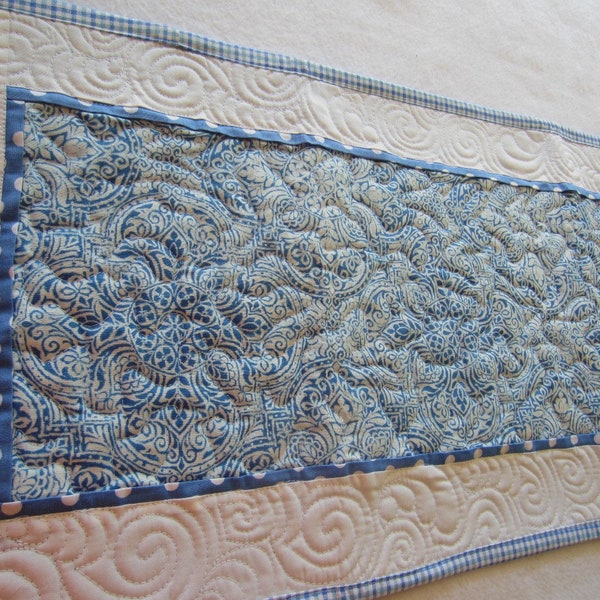 Casual Blue and White Moroccan Tile Flare Free Motion Quilted Table Runner with White Border, 40" x 14 1/4"
