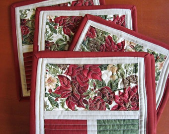 Christmas Rust Red Poinsettias and Roses Quilted Mug Rugs, Red and Green Snack Mats, Coasters, Mini Placemat, Candle or Coffee Mat, Hot Pad