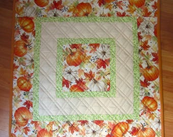 19" Quilted Square Autumn Fall Orange and Cream Pumpkins with Multiple Borders and Double Cross Hatch Quilting Table Topper