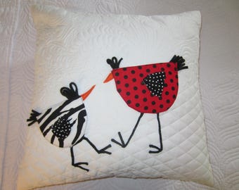 Big Red Polka Dot and Smaller Zebra Striped Cartoon Appliqued Chickens Pillow Cover, 20x20 Custom Quilted Anniversary Throw Toss Pillow