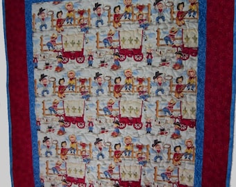 Fun Western Quilted Baby Blanket; Baby Boy Play Mat; Wild West Red & White Crib Bedding; Retro Chuckwagon Fun Toddler, Baby Quilt