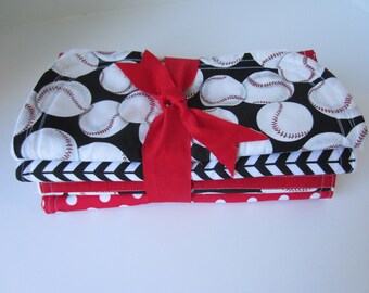 4 Pack Baby Burp Cloths; Set of Four Baby Boy Baseball Themed Spit up Rags; Ultra Absorbent Cotton Burp Cloths, Red and Black Sports