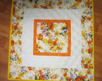 19.25" Quilted Square Spring Summer Yellow Orange and Purple Floral Table Topper with Multiple Borders Double Cross Hatch Diagonal Quilting